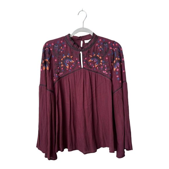 Parker Womens Boho Blouse Embroidered Flare Sleeves Purple High Neck Size M - Picture 1 of 12